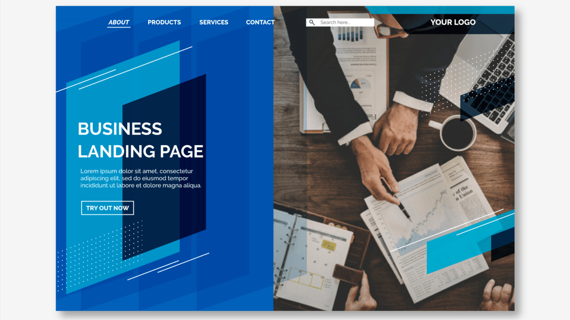 KL Web Design of a business landing page with a blue theme.