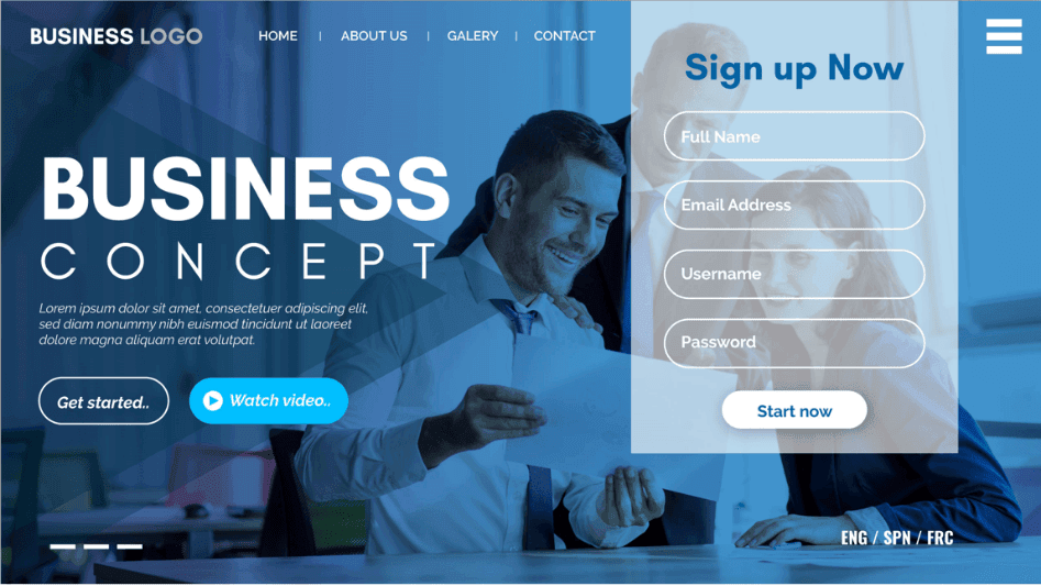 Corporate website homepage featuring a sign-up form.