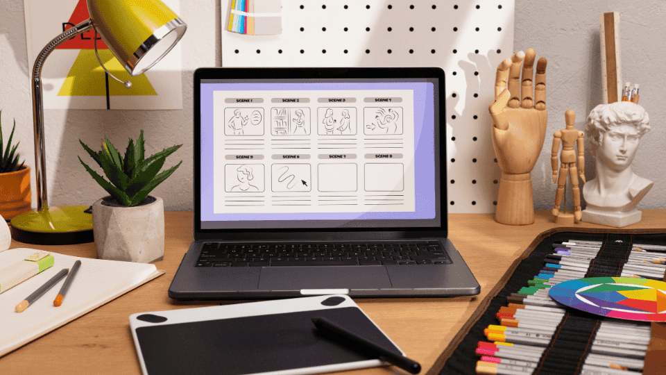 Laptop displaying storyboard for Web Design Malaysia on a creative desk setup.