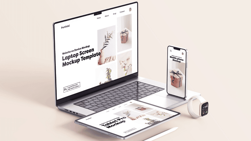 Web Design KL mockup with laptop, smartphone, and tablet displays.