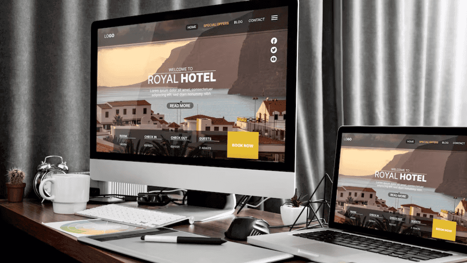 Web Design Malaysia mockup showcasing a hotel website on desktop and laptop screens.