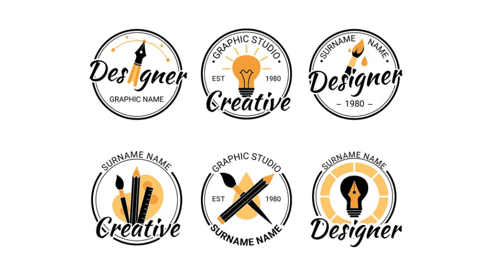 Creative logo design templates with pens, bulbs, and brushes for Logo Design.