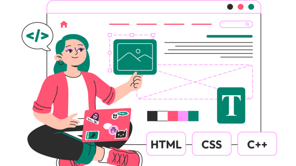 Illustration of a web designer creating a site layout, representing web design in Malaysia.