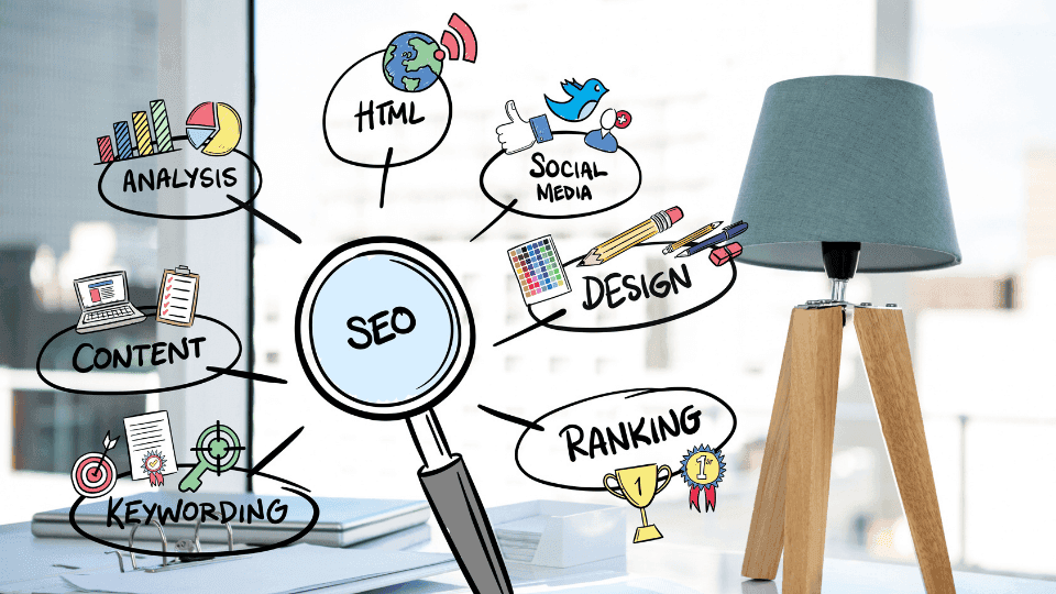 SEO strategy concepts with hand-drawn icons on a workspace background, representing SEO marketing for Qc Fixer.